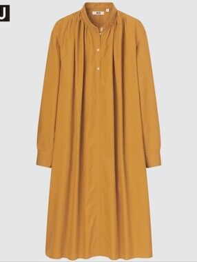 UNIQLO Mustard Gathered Button-Front Long Sleeves Cotton Shirt Dress Smal
